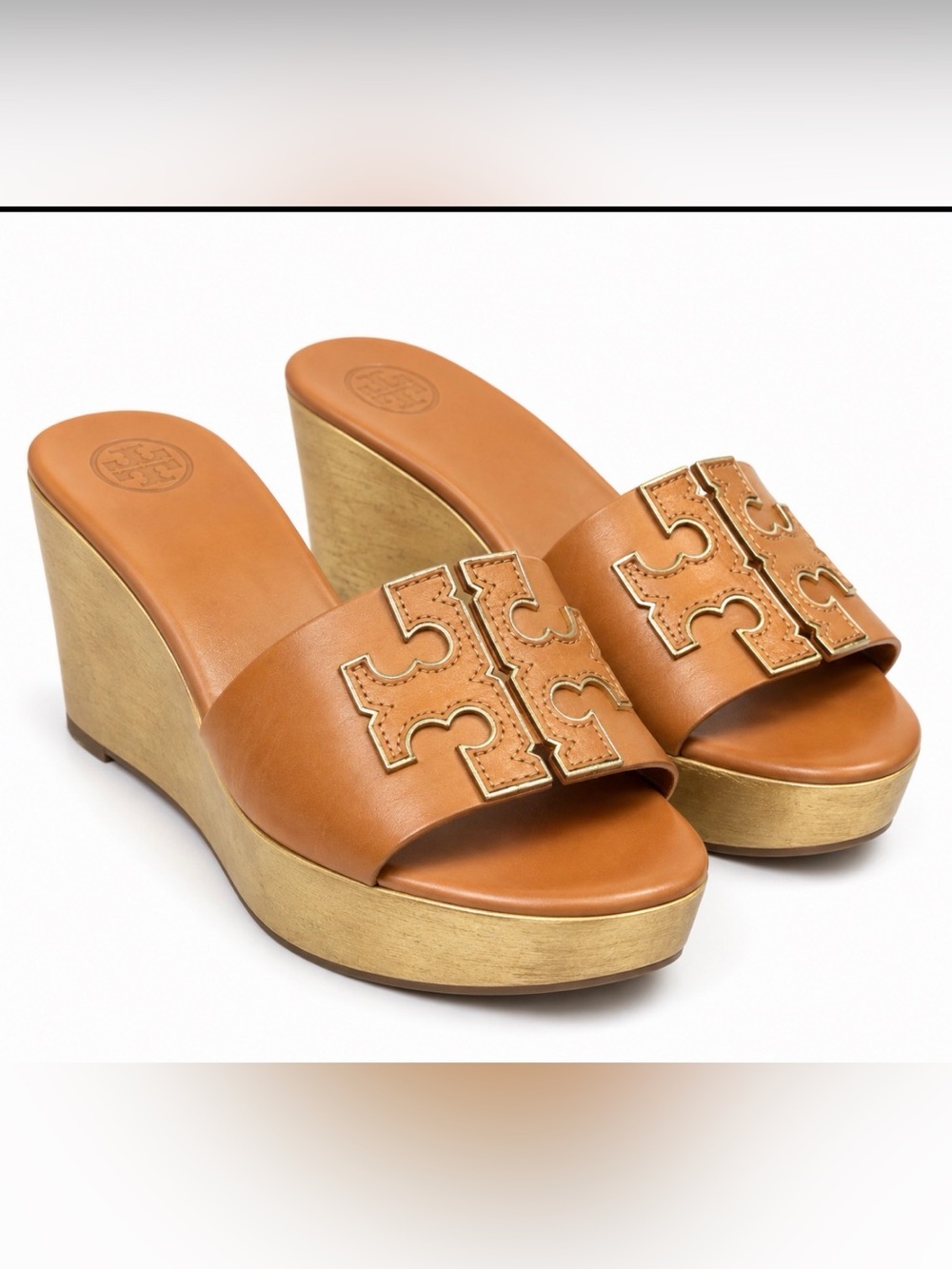 Tory Burch Elina Royal Tan Leather Logo Wedge Slides Size 9M